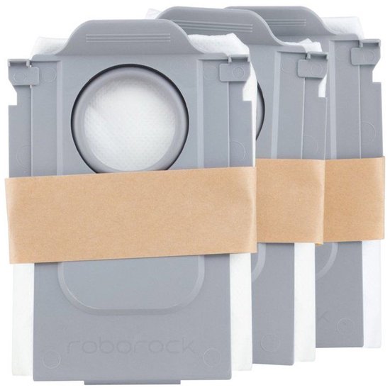 Twee grijze Roborock stofzakken met bruin papier.