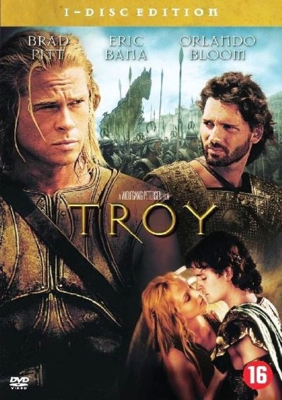DVD cover voor Troy met Brad Pitt, Eric Bana en Orlando Bloom. Een leger met paarden is zichtbaar op de achtergrond.