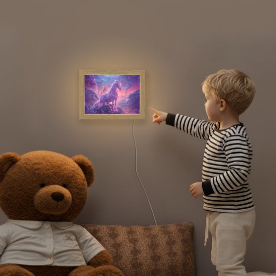 Nachtlampje 20x15 cm - Kinder lampje - Eenhoorn - Fantasy - Kasteel - Meisje - Paars - Roze - Tafellamp kinderkamer - Slaapkamer lamp - Bedlamp kinderen - Kinderlampje stopcontact - Wandlamp babykamer - Nachtlampjes van OnlyWow — afbeelding 5