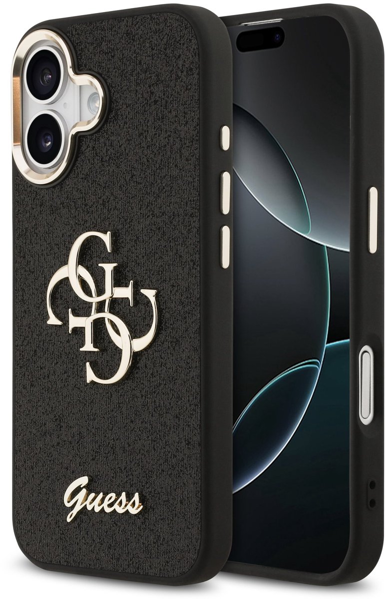 Guess PU Fixed Glitter 4G Metal Frame Backcover - Geschikt voor iPhone 17 - Zwart