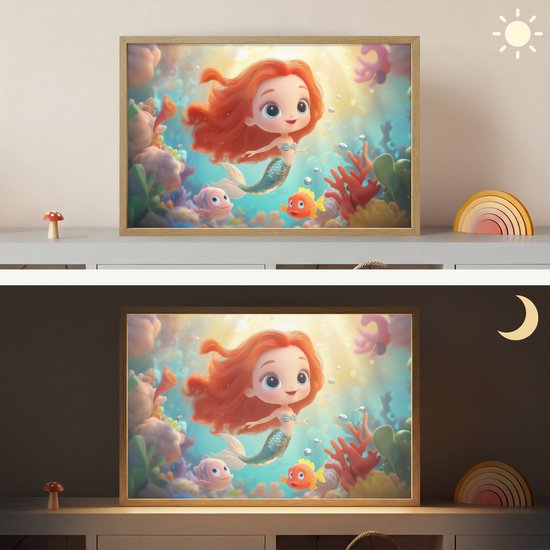 Nachtlampje 60x40 cm - Kinder lamp - Zeemeermin - Water - Vissen - Rood - Tafellamp kinderkamer draadloos - Slaapkamer lampje - Bedlamp kinderen - Kinderlampje - Wandlamp babykamer - Nachtlampjes van Merkloos — afbeelding 4