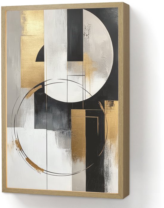 Peinture abstraite avec des formes géométriques noires, blanches, grises et dorées, dans un cadre en bois, flottant sur un mur blanc.