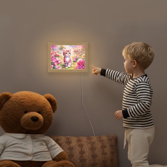 Nachtlampje 20x15 cm - Kinder lampje - Kitten - Roze - Kat - Regenboog - Bloemen - Tafellamp kinderkamer - Slaapkamer lamp - Bedlamp kinderen - Kinderlampje stopcontact - Wandlamp babykamer - Nachtlampjes van OnlyWow — afbeelding 5