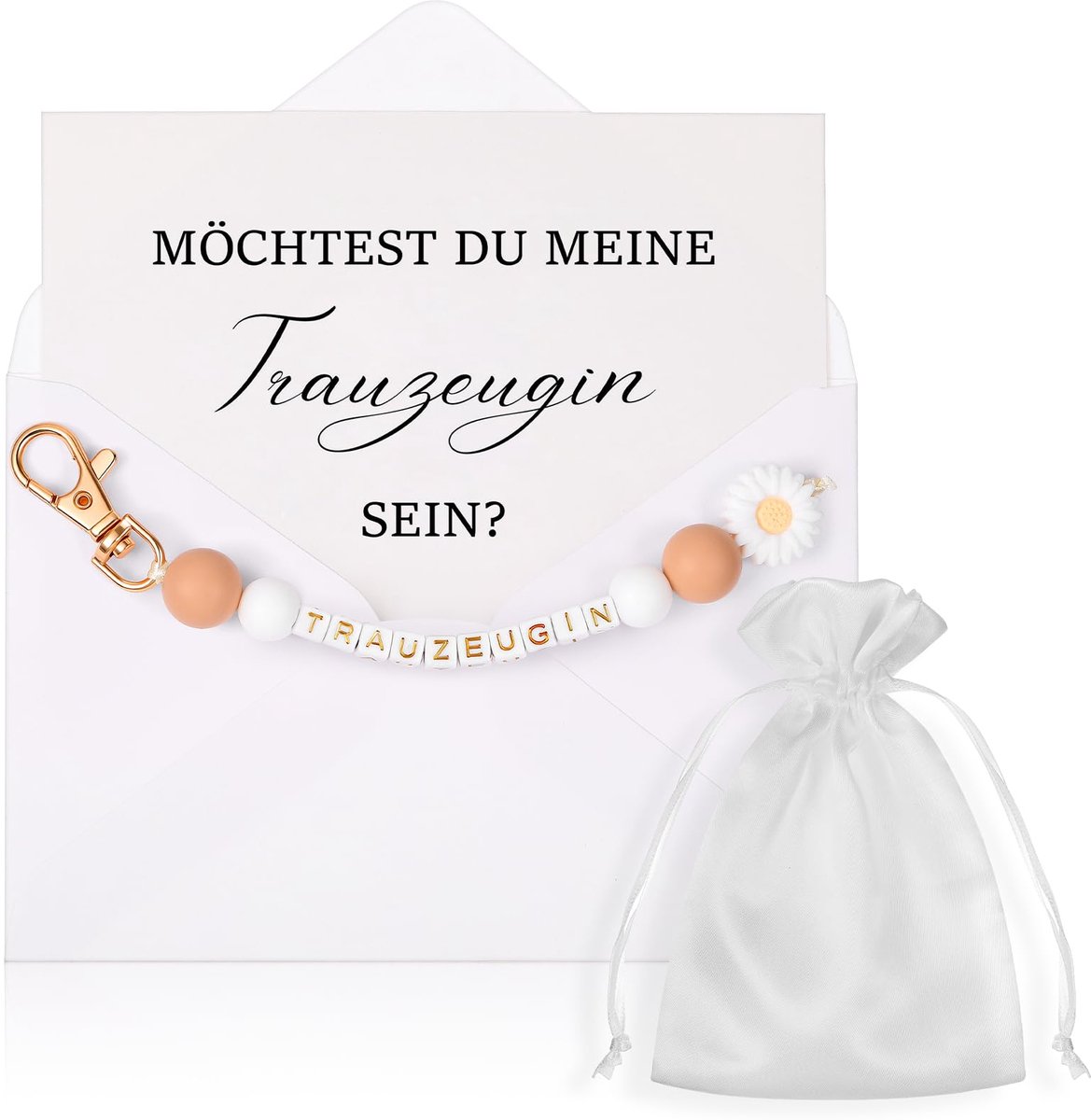 Cadeauset voor Bruidsmeisjes - Sleutelhanger en Vragenkaart met Envelop - Sieradenzakje