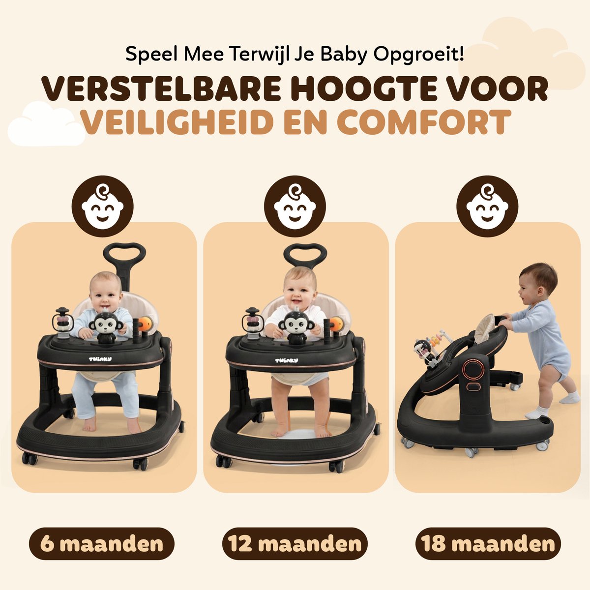 Twinky® Babywalker GO - 4-in-1 Loopstoel Baby & Loopwagen met 3-delige speelset – Loopstoeltje & Loopkar Inklapbaar inclusief Voetenmat en Steel – foto 2
