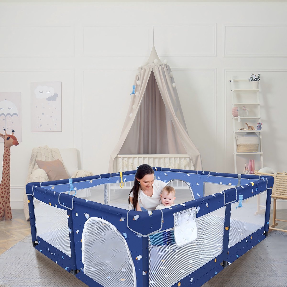 Froadp Box Baby Box Opvouwbaar activiteitencentrum Veiligheidshekje Antisliphekje Veilige speelplaats Hekje met bal 150x180x66 cm, blauw (Universum Tour) – foto 3