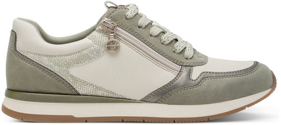 Witte en groene Tamaris sneaker met ritssluiting en veters. Suède- en textielpanelen.