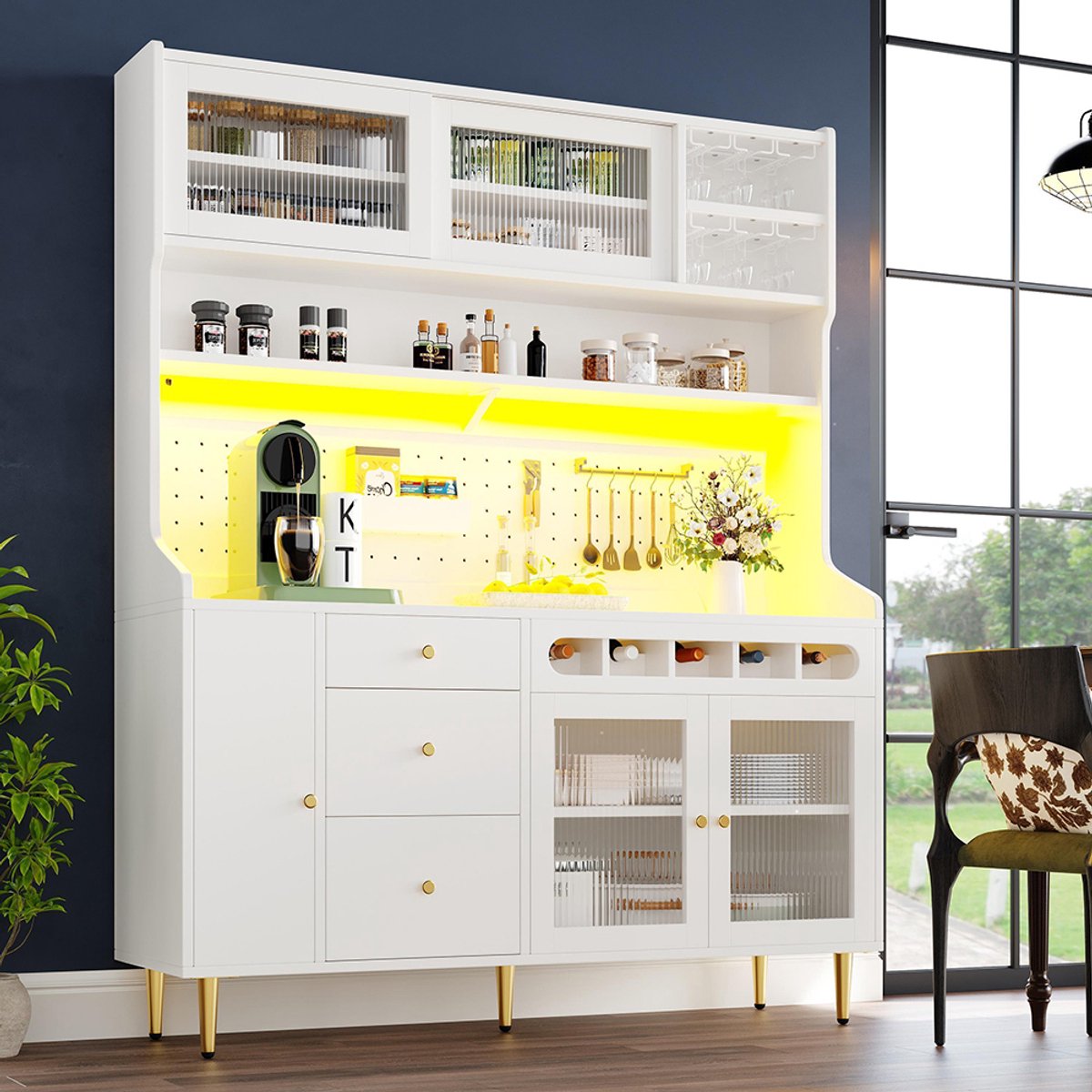 BLACKCOLORS Hoge kasten voor woonkamer, keukenkasten, eetkamerkasten, woonkamerkasten met verstelbare planken, kasten met ledverlichting, lade met flessenrek, 145 × 39 × 171 cm, wit