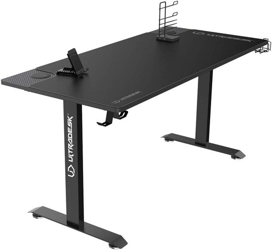 Gamingtafel met groot werkblad, XXL muismat, telefoonhouder en bekerhouder - Stalen constructie, 130 kg laadvermogen - Zwart, 152,5x70 cm — afbeelding 4