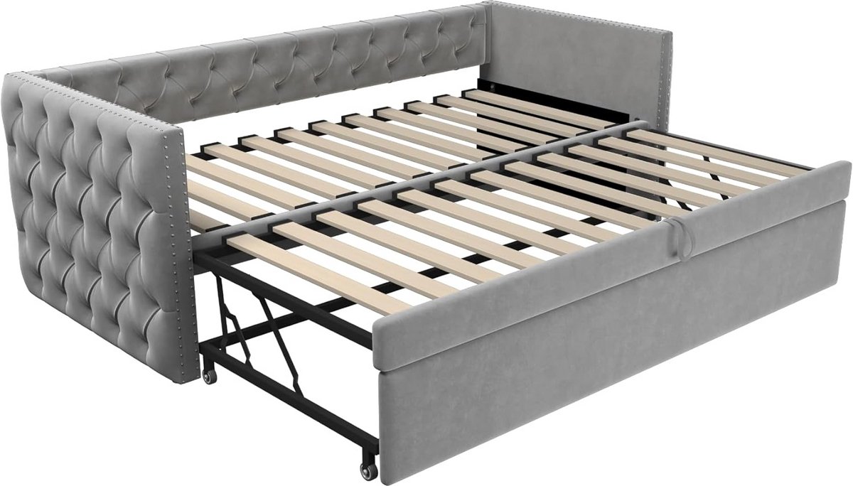 Opklapbed 90x200 cm met Fluwelen Bekleding en Opbergvakken - Lichtgrijs