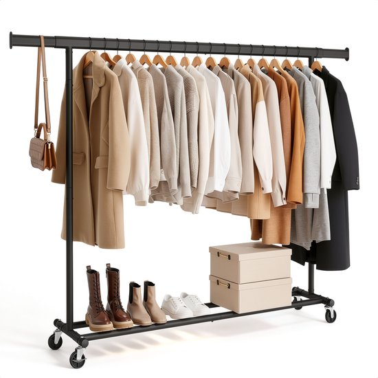Portant à Vêtements sur Roulettes - Étagère de Rangement - Tringle à Vêtements Extra Large - Zwart - Bodo