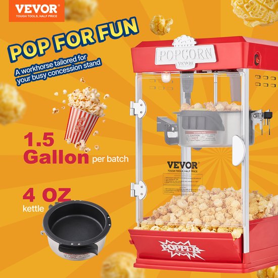 VEVOR Popcornmachine Maker Popcornmachine Popcornmachine 480W Popcorn 4oz Rood — afbeelding 4