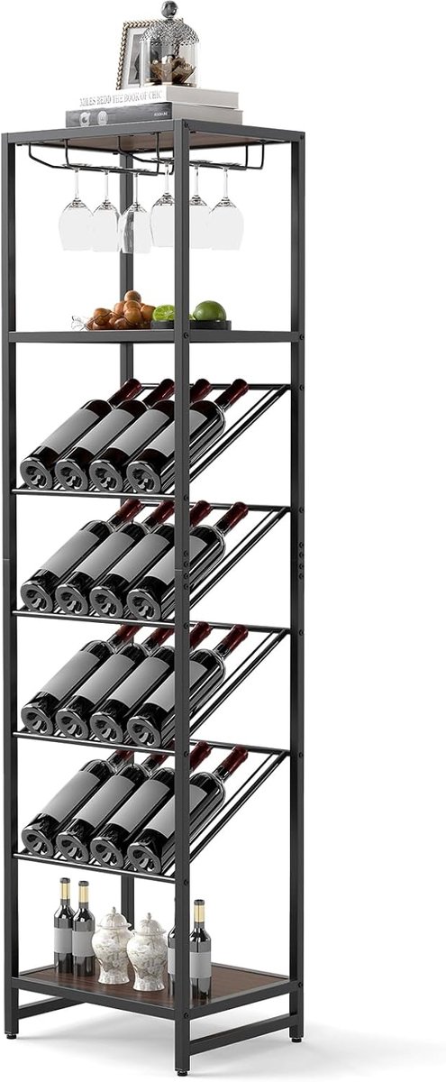 KOMFOTTEU Wijnrek voor 16 flessen, flessenrek vrijstaand met 2 rijen glazen standaarden en 3 legplanken, wijnflessenrek met kantelbeveiliging, industrieel design, voor keuken, bar, eetkamer