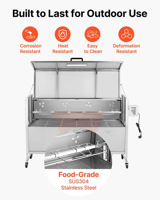 VEVOR Rotisserie Grill 38W Speenvarken Grill Lam Grill Houtskool Grill (132 cm Grilllengte) met 60 Kg Draagvermogen & Wielen & 4-Voudige Hoogteverstelling & Deksel, Roestvrijstalen Elektrische Grillset Voor Kamperen van Merkloos — afbeelding 5