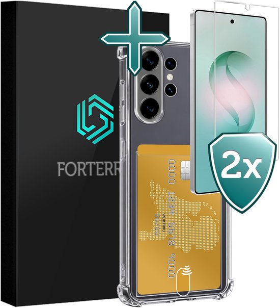 Étui compatible avec Samsung Galaxy S26 Ultra - Avec 2x Protecteur d'écran - Portefeuille - Porte-cartes - Coque arrière - Housse de téléphone anti-choc - Étui en silicone - Protection contre les chocs - Porte-cartes - Transparent