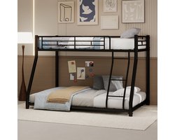 MODFU Stapelbed twin over full van ijzer – zwart – met ladder en verhoogde veiligheidshekken – ombouwbaar naar 2 losse bedden