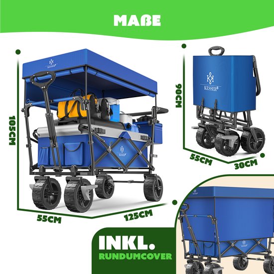 KESSER® Bolderkar opvouwbaar Bolderwagen GT9000 met dak Strandkar - incl. 2x 3-punts gordelsysteem - massief rubberen banden - tot 80 kg - rem voor en achter - + draagtas - Blauw / Grijs van KESSER — afbeelding 2
