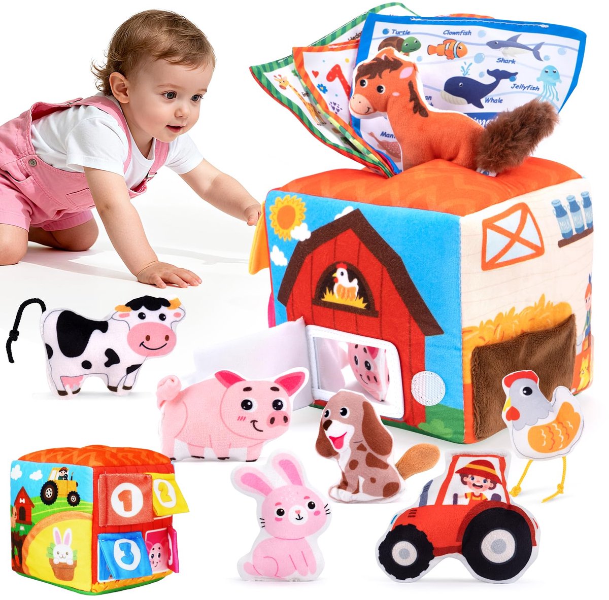 Montessori boerderij speelgoed voor baby's van 1 jaar - Ontwikkelingsdoos met rammelaar, boerderijdieren en doek - Educatief spel, speelgoed voor de motorische ontwikkeling van jongens en meisjes — afbeelding 6