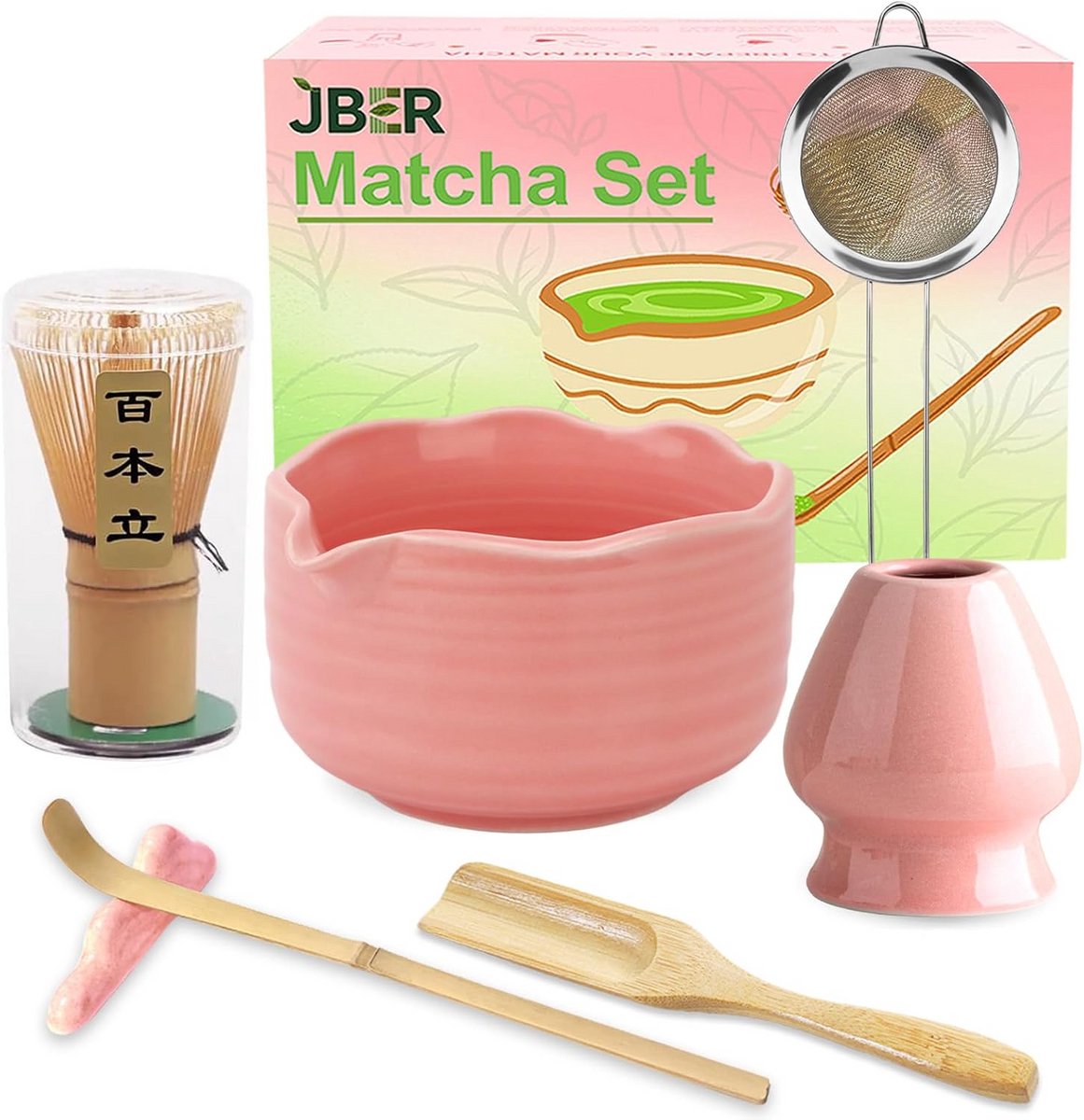 7-delige Matcha Bezemset Roze - Bezem Houder Schaal met Zeef Lepel Japanse Accessoires