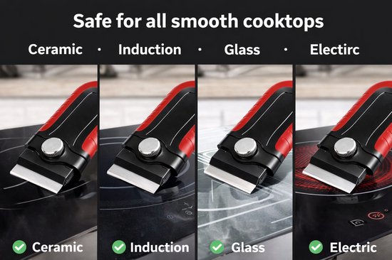 Vier close-ups van een rood en zwart mes op keramische, inductie, glazen en elektrische kookplaten.