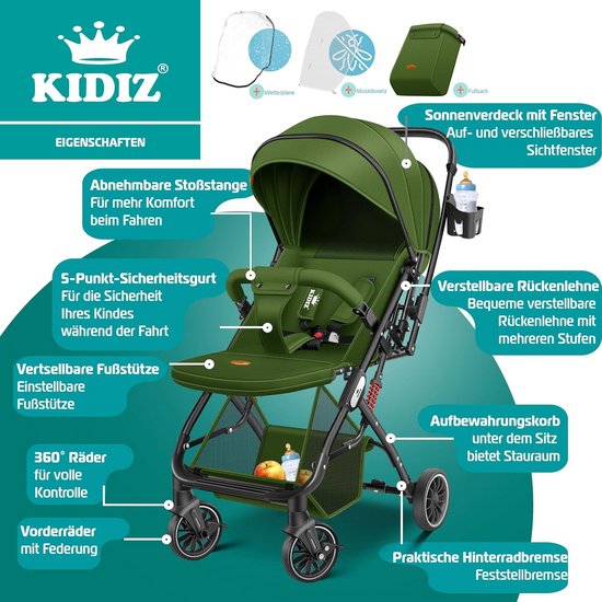 Lichte Kinderbuggy Opvouwbaar incl. Voetenzak en Regenhoes - Geschikt Vanaf Geboorte van Merkloos — afbeelding 2