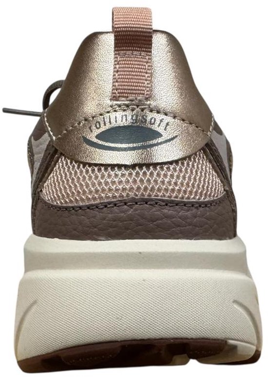 Achterkant van roze Gabor Rollingsoft sneaker met metallic accenten en een witte zool.