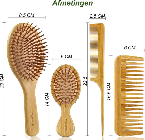 Afmetingen van vier bamboe haarverzorgingsproducten: twee borstels en twee kammen.