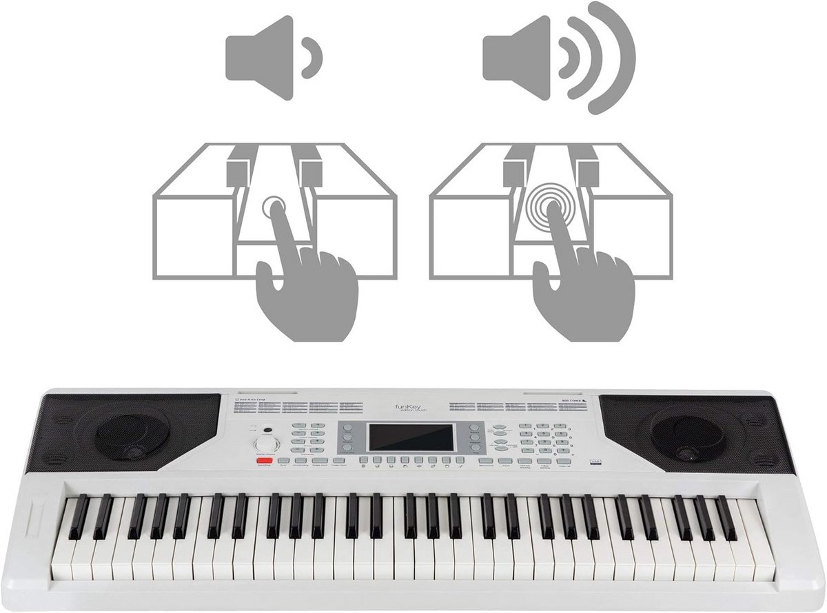 Keyboard 61 toetsen - Aanslaggevoelig - 300 klanken en ritmes - 40 demoweergaven - 8 effecten - 8 percussiepads - Automatische begeleiding - Leerfuncties - USB - Microfoon- en hoofdtelefoonaansluiting - Wit
