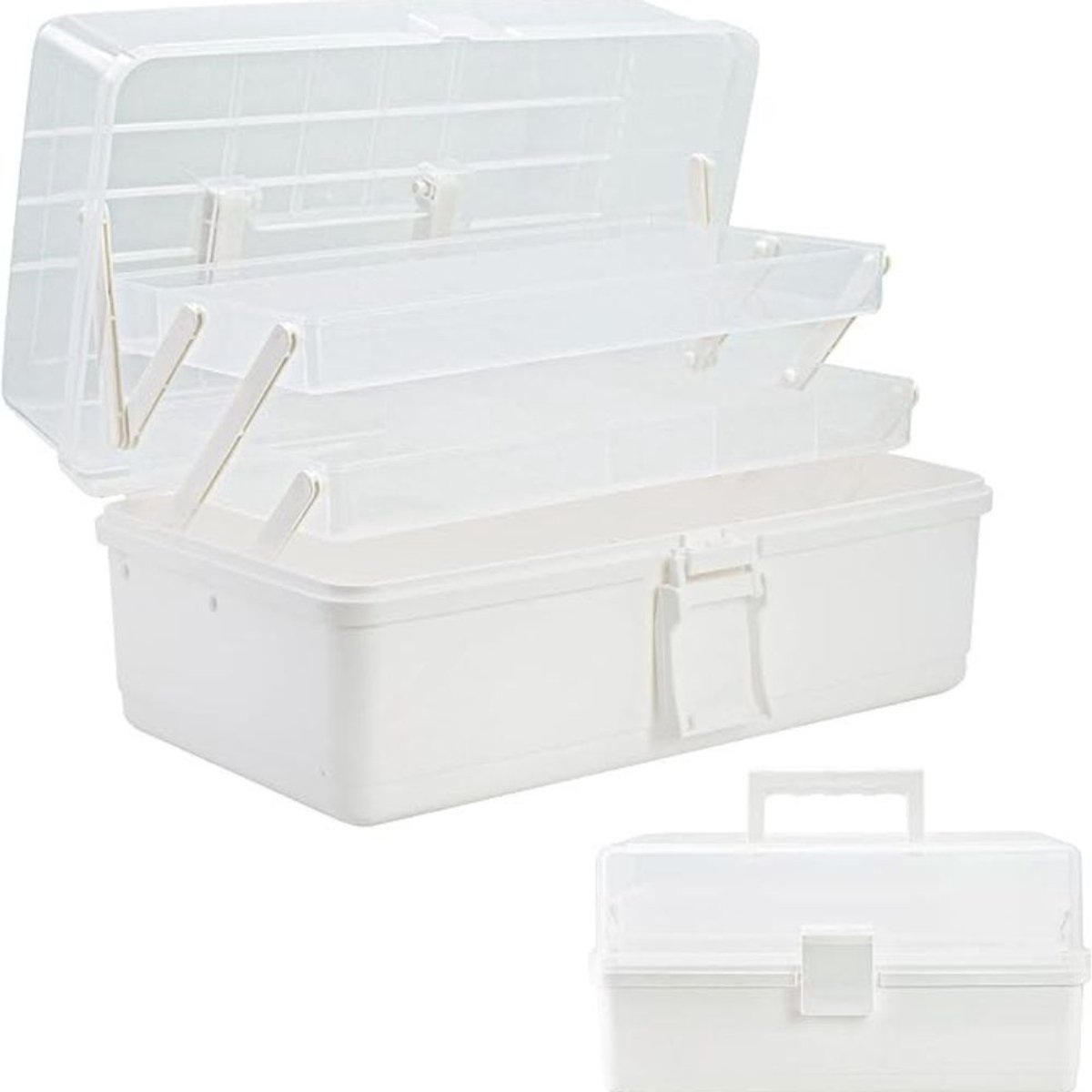 Famanu - 33 cm opbergbox 3 lagen, multi-purpose, met compartimenten & 2 trays, wit