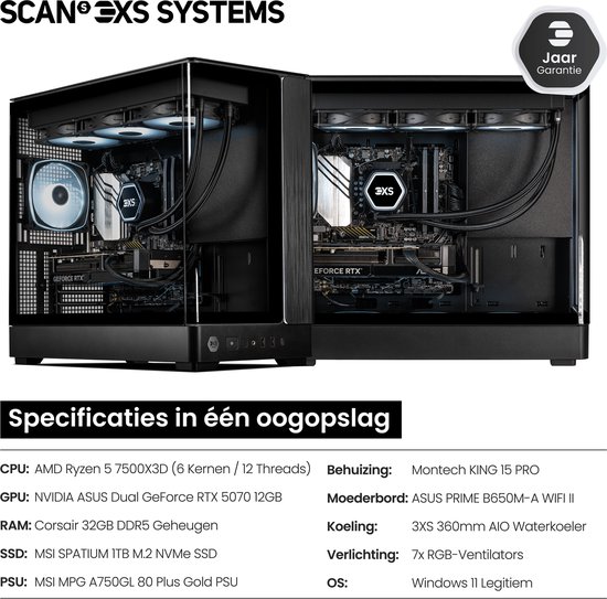 Twee gaming pc's, één met zwarte behuizing met RGB-ventilators en een met glazen zijkant. Specificaties zichtbaar: RTX 5070, Ryzen 5 7500X3D, 32GB DDR5.