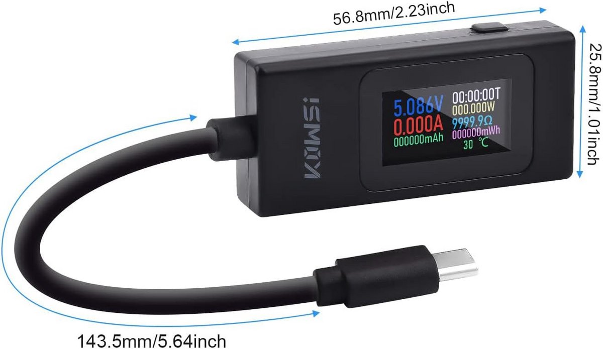 USB-C Tester Spanning Stroom Meter Kleuren LCD Display - Type-C Lader Analysator