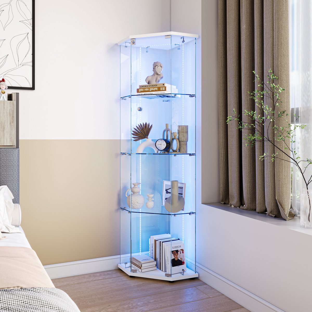 Hoekmeubel in vijfhoekig ontwerp met 4 verlichte planken en een enkele deur, witte basis met ledverlichting voor woonkamer of hal