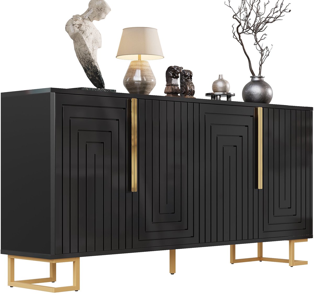 Merax Dressoir Kast 152x40x75 cm – Zwarte Opbergkast met Deuren en Planken – Moderne Kast met Gouden Details voor Woonkamer en Eetkamer