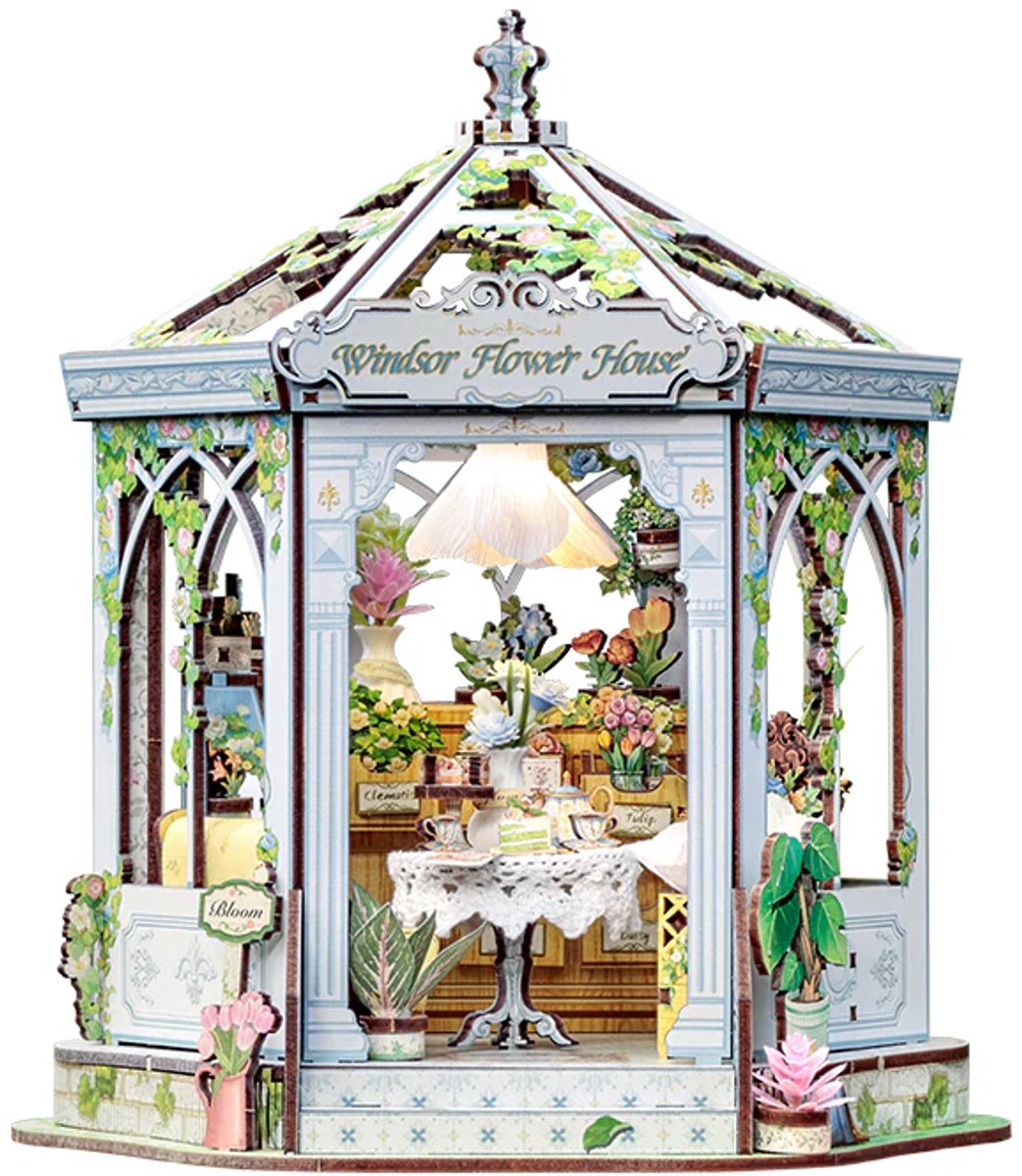 CuteBee GHGC401 Windsor Flower House decoratie Book Nook Bouwpakket | Miniatuur theatrale huisjes pakket modelbouw voor volwassenen | Houten 3D Puzzel | Woonkamer decoratie boekensteun | Led lights verlichting ingebouwd | DIY boekenhouder collectie