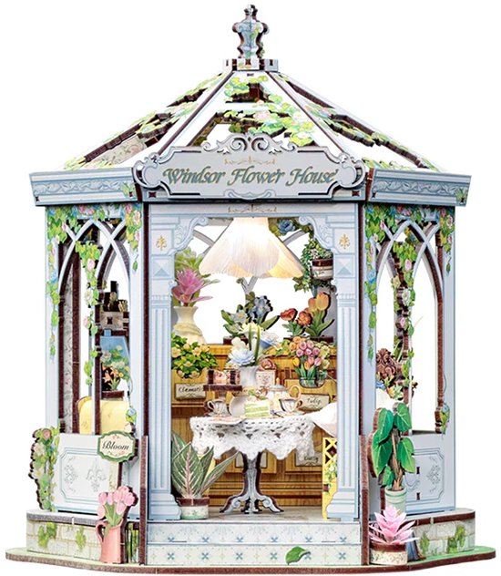 CuteBee GHGC401 Windsor Flower House decoratie Book Nook Bouwpakket | Miniatuur theatrale huisjes pakket modelbouw voor volwassenen | Houten 3D Puzzel | Woonkamer decoratie boekensteun | Led lights verlichting ingebouwd | DIY boekenhouder collectie