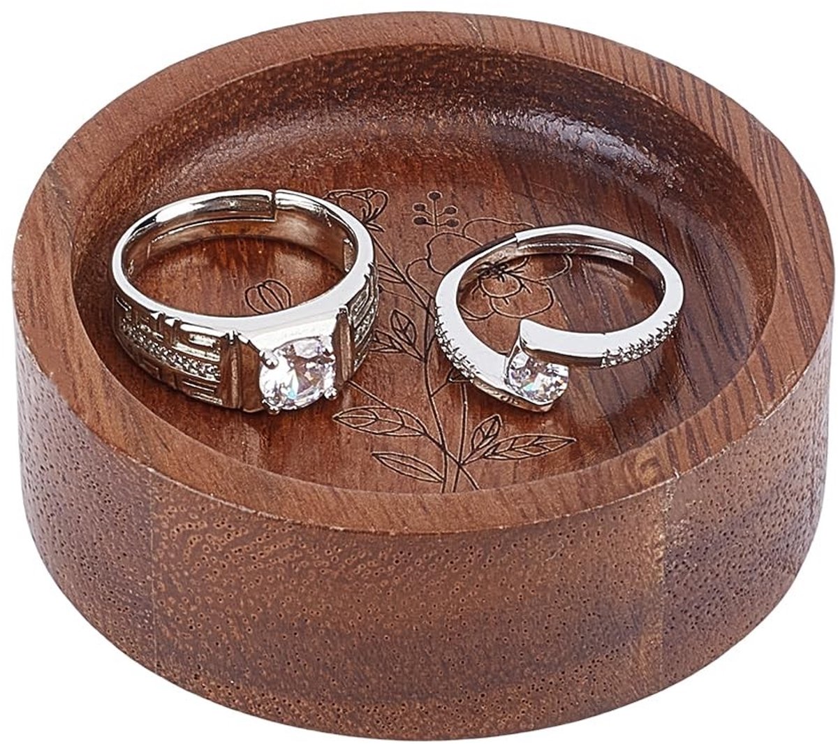 Allecto - Houten Ringenschotel - Ringenhouder - Elegante bloemengravure - Rond formaat - Sieradenpresentatie - Perfect voor bruiloften en verloving...