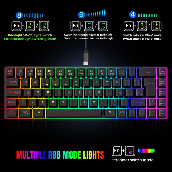 Mechanisch Gaming Toetsenbord 60% Met RGB Backlight – 62 Toetsen + Lichtgewicht Muis 6400DPI + Muispad – Compatibel Met PS4, Xbox, PC En Mac – Zwart Met Blauwe Schakelaar
