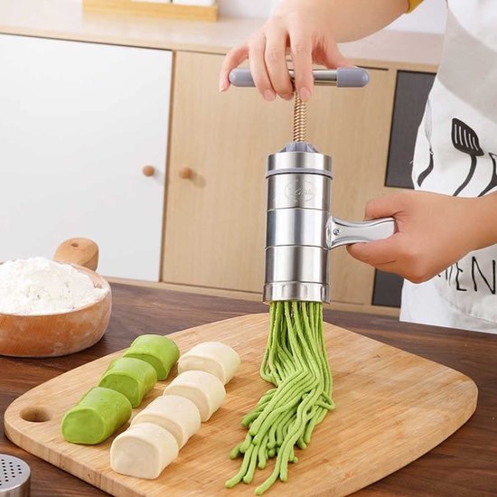 Handmatige pastamaker - Pastamaker - Inclusief 5 vormkommen - Handmatige pastamaker van roestvrij staal - Draagbaar - Verse pastamaker - Geschikt voor thuis- of restaurantgebruik - Zilverkleurig — afbeelding 3