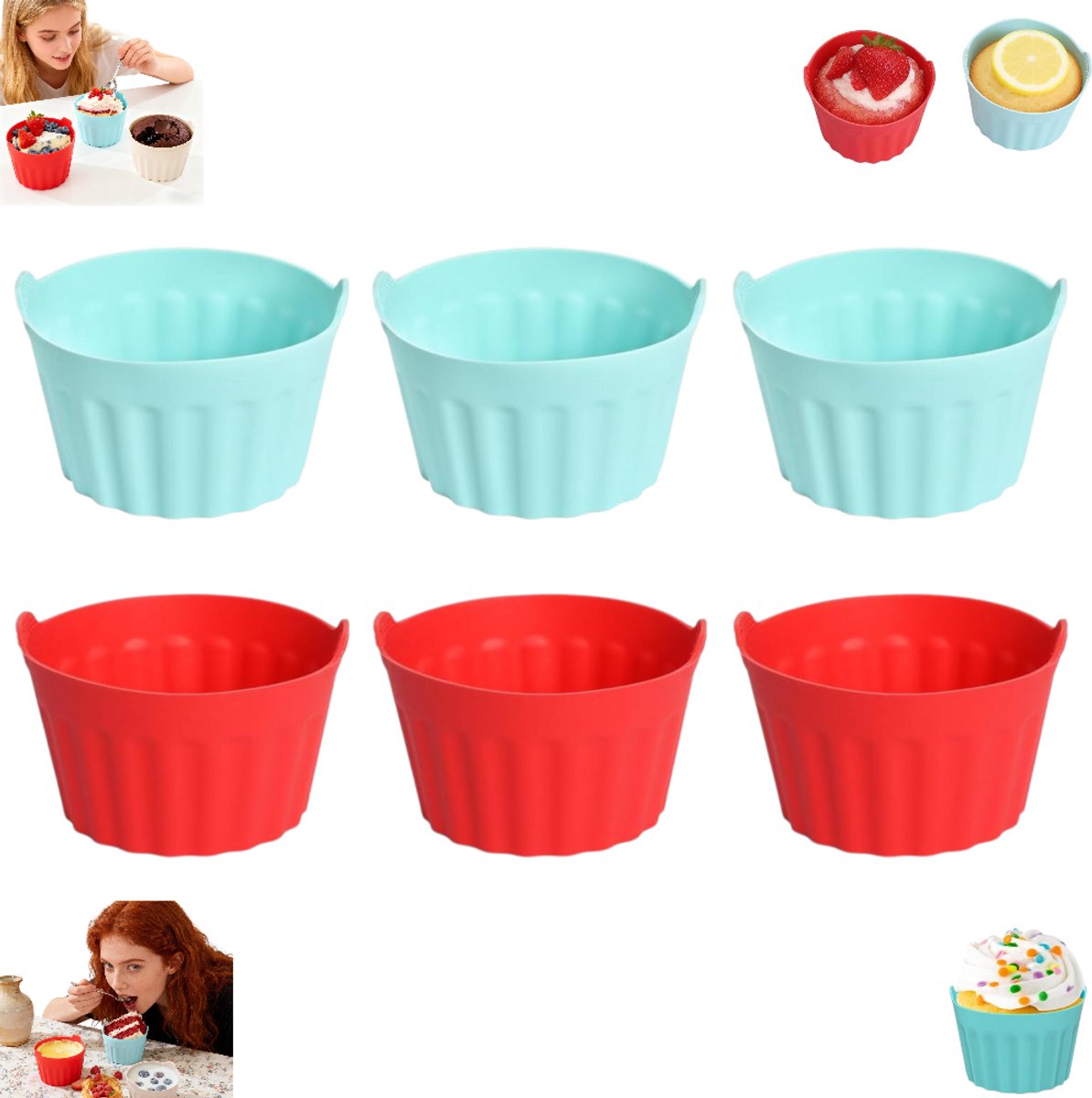 6 stuks - Siliconen muffinvormpjes - Eiervormpjes voor de airfryer - Siliconen cakevormpjes - Blauw + Rood - Siliconen muffinvormpjes - Antiaanbak siliconen bakkommen die makkelijk uit de vorm te halen zijn - Siliconen bakvormpjes