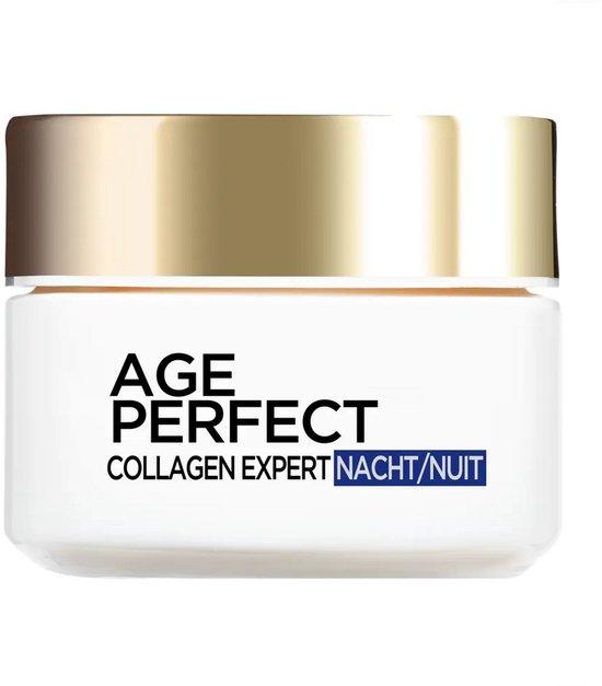 Witte pot met gouden deksel, L'Oréal Paris Age Perfect Collagen Expert Nacht/Nuit.