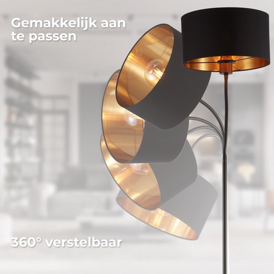 B.K.LICHT - Lampe sur pied - lampe debout noire et or - avec prise E27 - industrielle - abat-jour en tissu - h: 145 cm