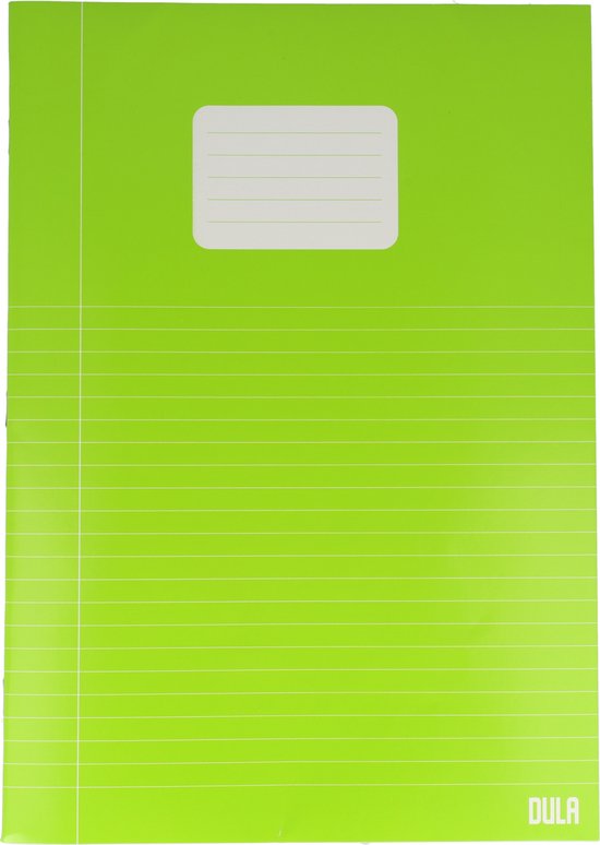 Lichtgroen DULA schrift met lijntjes en een label voor de titel.