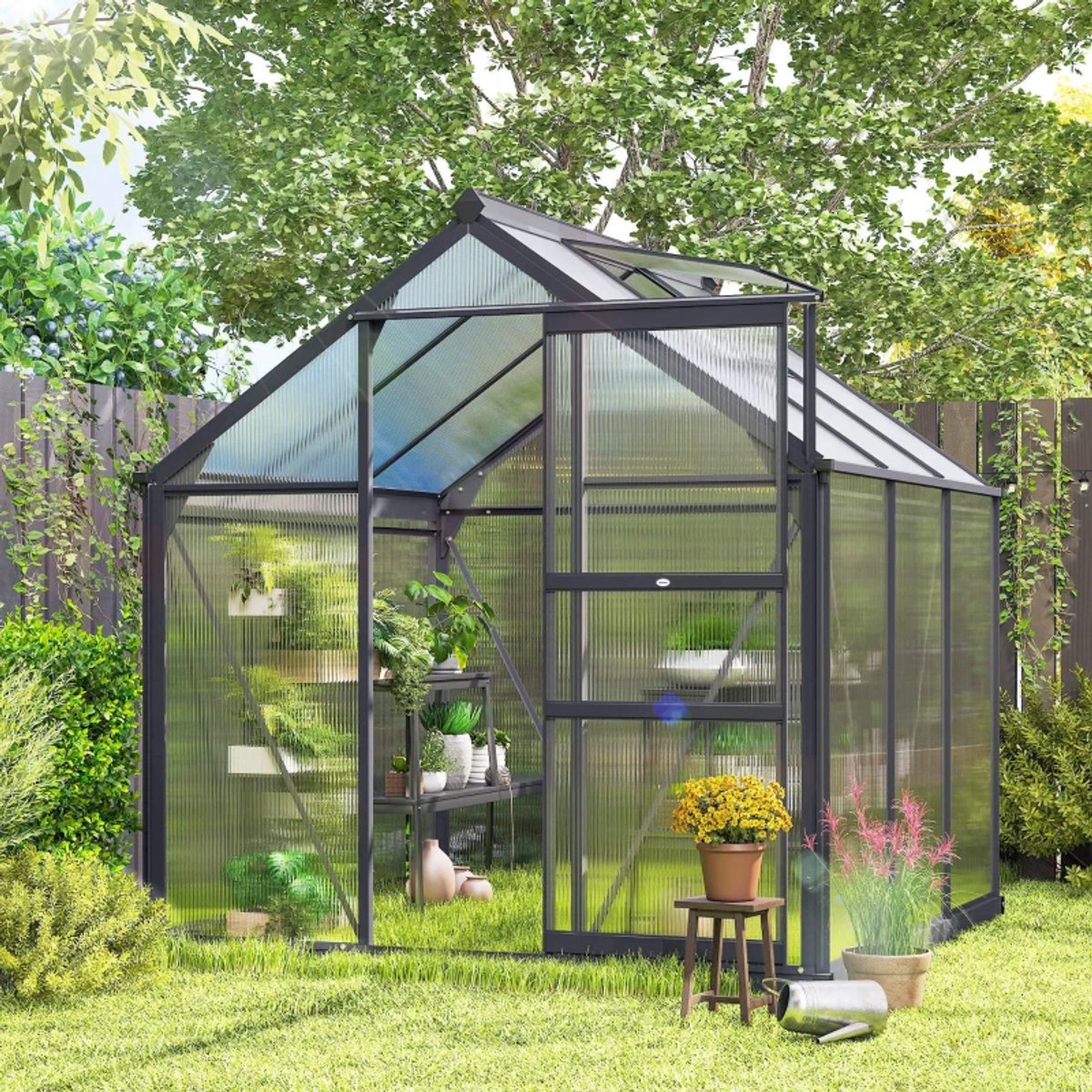 Kas met Fundering, Dakraam, Schuifdeur - UV-bestendig - 4 mm Panelen - Tuinkas - Broeikas - Kweekkas - Tomatenkas - Groentekas - Plantenkas - voor Groenten, Bloemen, Planten - 192 x 192 x 201 cm - Aluminiumlegering + Polycarbonaat – foto 5