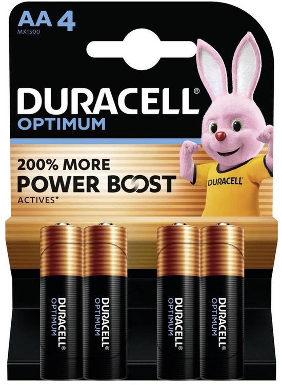 Pak met 4 Duracell Optimum AA batterijen met de Duracell bunny. Tekst: '200% MORE POWER BOOST'.