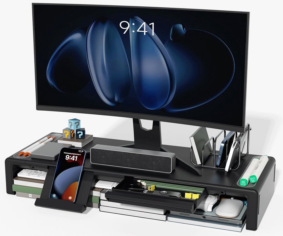Monitorstandaard verhoger met opberglade - Ruimtebesparende, opvouwbare standaard voor computer en laptop
