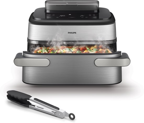 Philips Airfryer 5000-serie Megabasket Met Stoomfunctie – NA565/02 – Enkele mand óf Dubbele Mand - SteamClean – 9,5L – Tot 8 Personen – Inclusief Tang