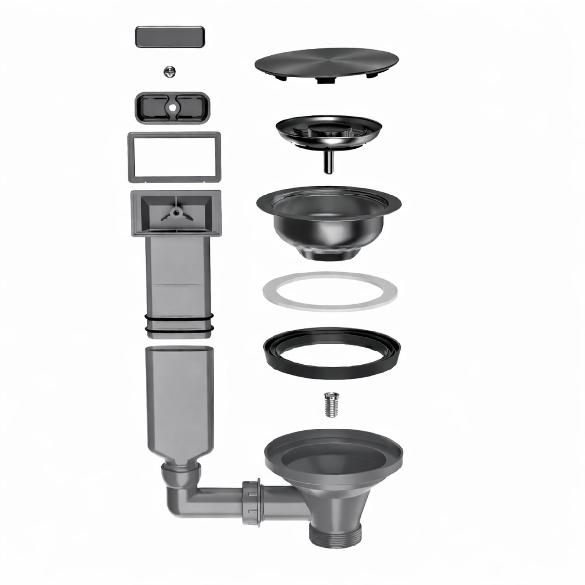 Waterval Korfplug Deluxe Afvoerset met Overloop Ø114 mm – RVS 304 – G1½ Aansluiting – Geschikt tot 90 mm Afvoer – Luxe Spoelbak Afvoer – Gunmetal Grey