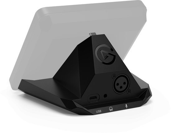 Zwarte Elgato XLR Dock MK.2 stand met een microfoon- en hoofdtelefoonaansluiting.