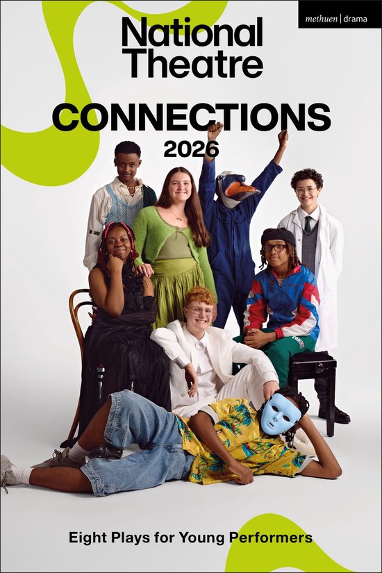 Groep jongeren poseert voor National Theatre Connections 2026 poster met titel 'Eight Plays for Young Performers'.