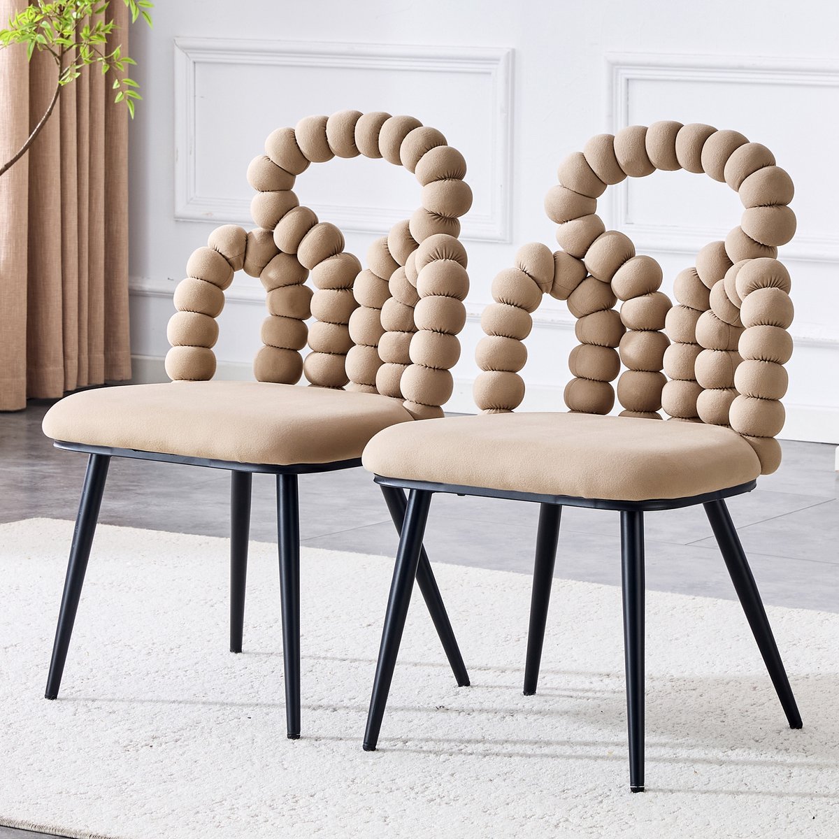 STILVORA Eetkamerstoel Set Van 2 - Comfortabele Open Rug Met Kogelketting Design - Voor Eetkamer En Woonruimte - Fluweel Camel